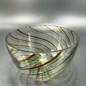 Vintage Molded Glass Dish Bowl With Green Red Swirls Clear Glass Container Bowl